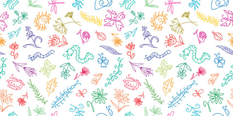 Seamless pattern of colorful floral summer doodles, vector background, paper, fabric, wrapper, wallpaper, textile