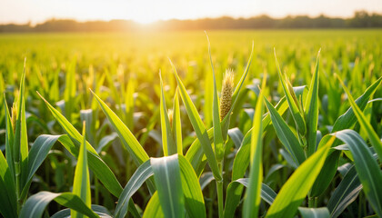 Vibrant cornfield growing at sunset in summer glow  