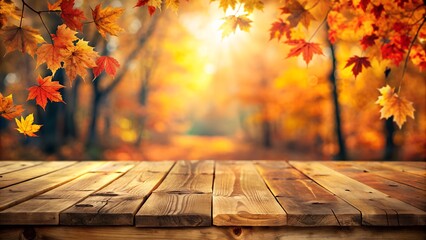 Autumn leaves on a wooden table in a sunny rustic setting