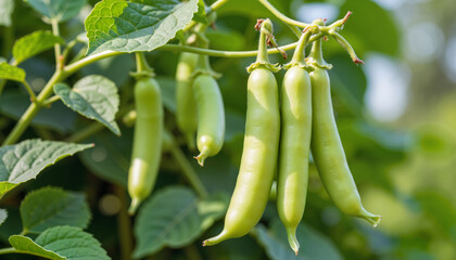 Fresh green peas hanging on a plant with lush greenery background  