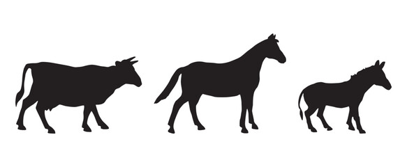 Silhouettes of different farm animals, cow, donkey, horse, vector illustration isolated on white