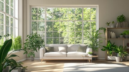 Bright Living Room with Large Window and Greenery