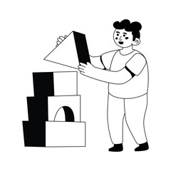 Children Play aing With Toy Blocks   Vector Style Outline illustration. Eps 10 File 