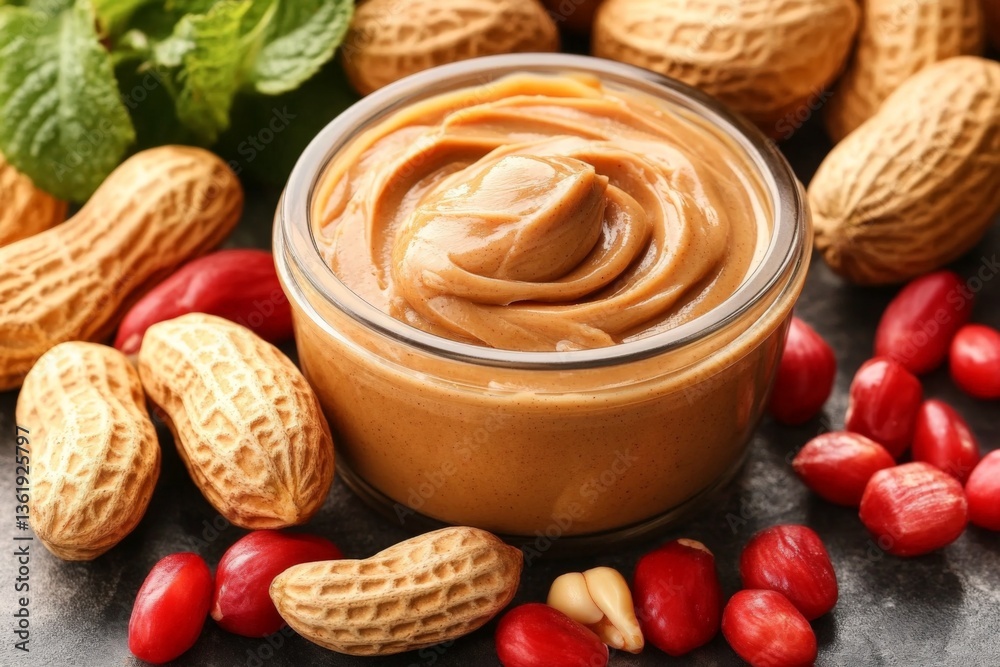 Poster Creamy peanut butter displayed with peanuts and red peanuts on a textured surface in natural light