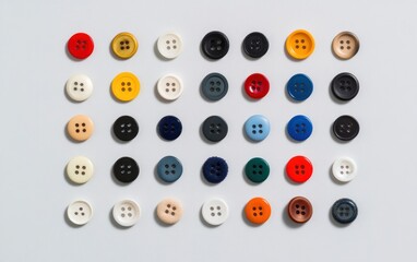 Collection of colorful buttons arranged on a light gray background.  Various colors and four-hole design