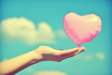 Fototapeta premium A hand gently holds a pink heart-shaped balloon against a bright blue sky with fluffy clouds, symbolizing love and happiness.