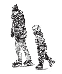 Sketches of father with child ice skating on rink, realistic hand drawn vector illustration