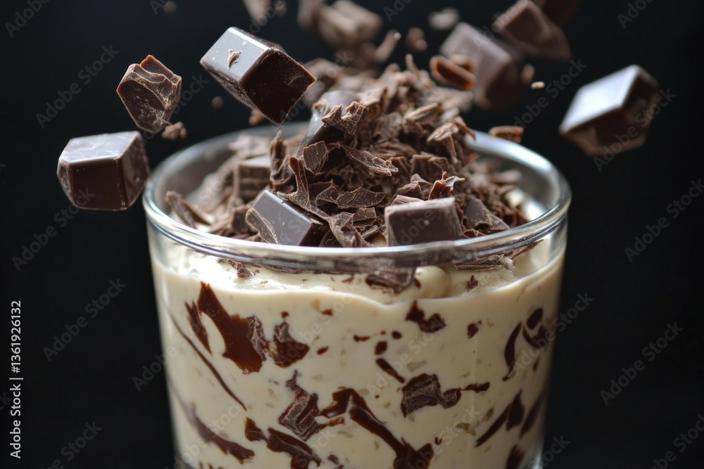 Aufkleber delicious dessert with creamy layers and chocolate chunks hovering above in an elegant glass on a da