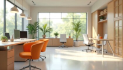 Fototapeta premium Bright office space with blurred background, modern workspace. Natural light, plant decor. Minimalist design, furniture, computer, technology, creativity, pro environment, open space. Workplace,