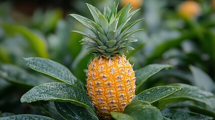 Obraz premium close up of a young pineapple plant showcasing its textured green leaves,developing fruit perfect for tropical or botanical themes