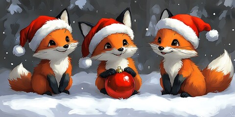 Three cute foxes wearing santa hats sitting in the snow