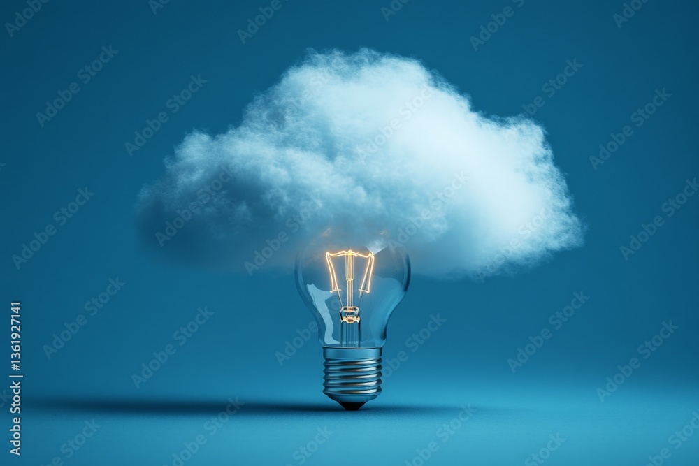 Poster creative concept of a light bulb with a cloud above it representing innovative ideas and imagination