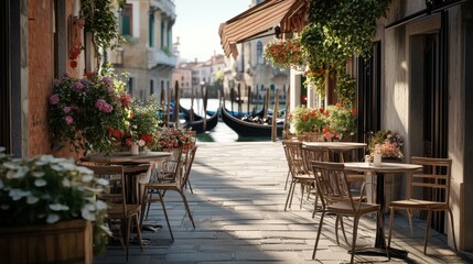 Obraz premium Scenic canal-side café with gondolas, flowers, and vibrant architecture