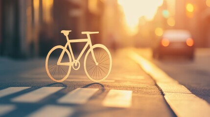 Bicycle silhouette on a city street during golden hour with warm sunlight creating an enchanting atmosphere of urban life and cycling adventure