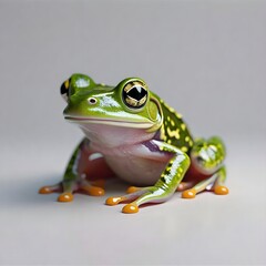 Obraz premium A photorealistic digital rendering of a vibrant green frog with yellow spots and orange toes posed against a soft grey background