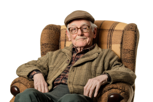 Elderly man relaxing in armchair home portrait comfortable setting isolated on transparent background