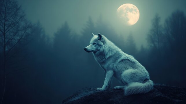Majestic White Wolf Sitting on Rock Under Full Moon in Misty Forest Surrounded by Dark Trees and Soft Ethereal Light at Night