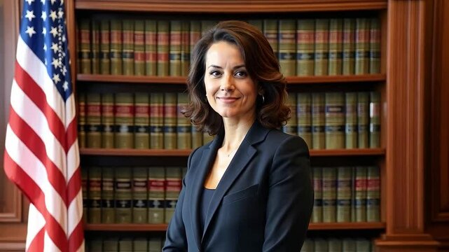 Mujer abogada sonriente en despacho jur&iacute;dico con estanter&iacute;a legal