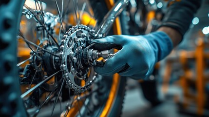 Close-up of bicycle repair.  Technician adjusts rear wheel drivetrain components