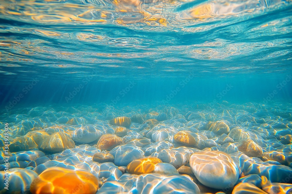 Poster underwater view of colorful pebbles in clear ocean water at midday during summer