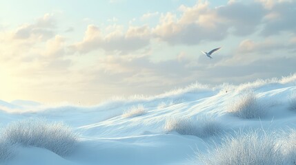 A snowy meadow with small tufts of grass poking through the white blanket, and a single bird flying across the sky, creating a sense of stillness and quiet beauty