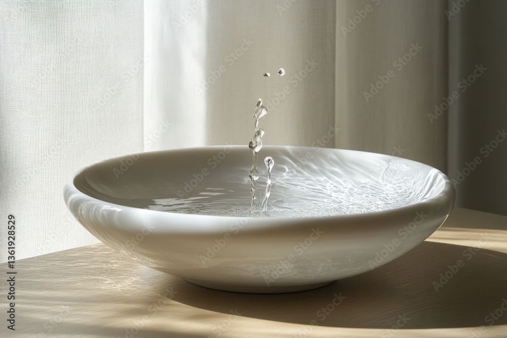 Poster water droplets create ripples in a white bowl during afternoon light in a serene indoor setting
