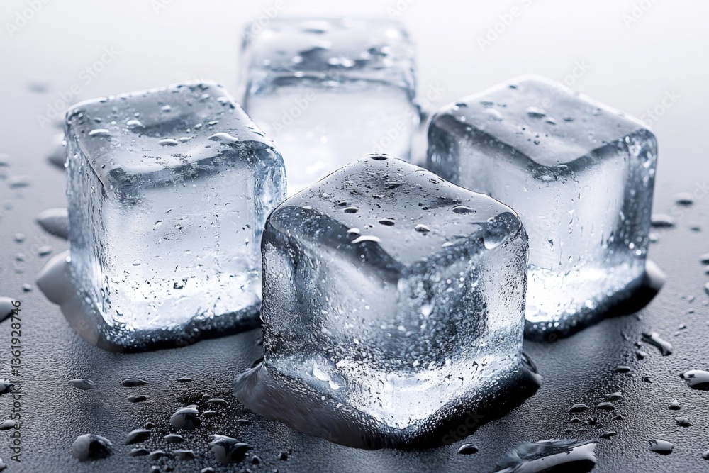 Aufkleber clear ice cubes melting on a black surface create droplets of water around them