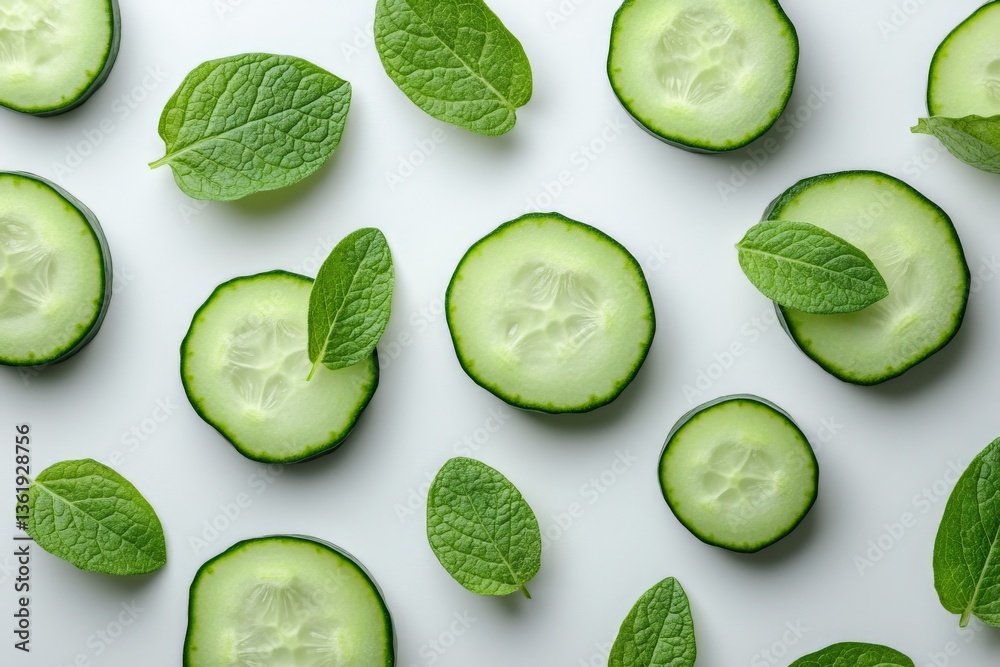 Aufkleber fresh cucumber slices and green leaves arranged on a light background for a healthy food display in 