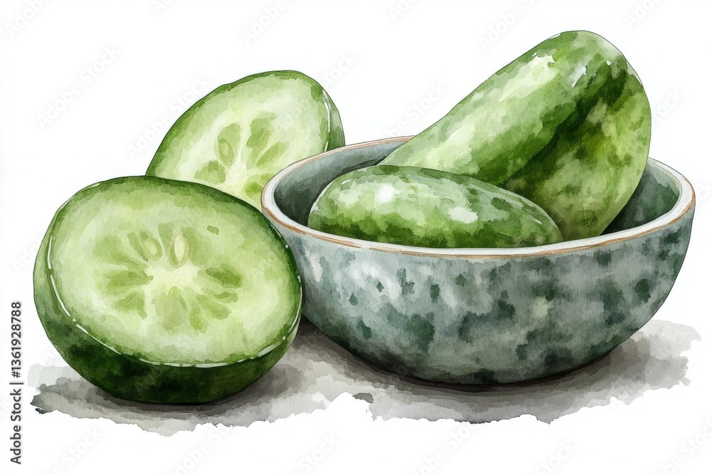 Poster fresh green cucumbers in a bowl with slices on a white background during a bright kitchen setting