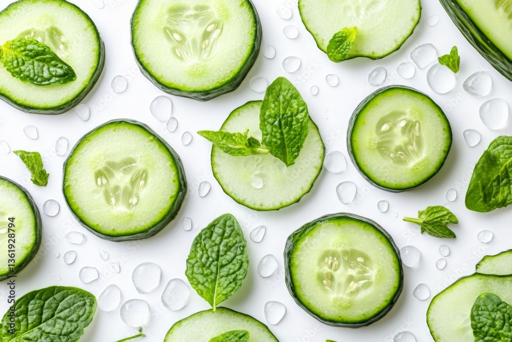 Poster fresh cucumber slices arranged with mint leaves on a white surface with droplets of water for a vibr