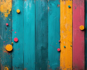 Vibrant Colorful Wooden Planks with Paint Drops and Circular Spots