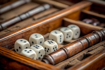 Naklejka premium Intricate arrangement of dominoes showcasing chaos in a classic wooden game box