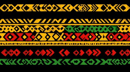 A contemporary design with a seamless African tribal pattern, incorporating traditional black, red, yellow, and green colors