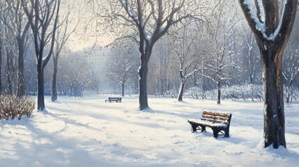 A snowy park with bare trees and benches covered in snow, the stillness of winter reflected in the landscape, as a light dusting of snow continues to fall