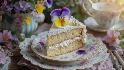 Delightful floral cake served with tea in a charming garden setting during afternoon