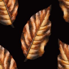 Seamless watercolor pattern featuring hand-painted dried tobacco leaves on a white background. Ideal for vintage packaging, rustic themes, cigar branding, and organic designs.