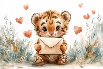 Cute baby tiger holding a letter surrounded by hearts in a lush grassy setting with soft colors