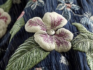 Close-up of embroidered floral detail on dark blue fabric.