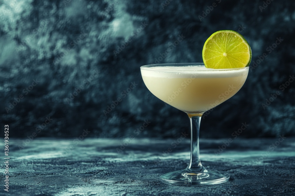 Poster Refreshing cocktail with lime garnish on dark textured surface in modern setting