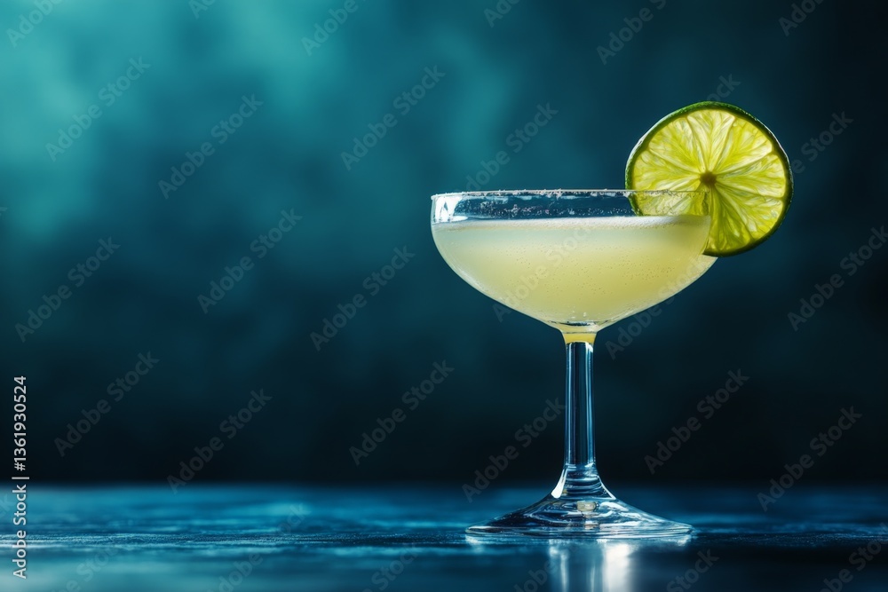 Poster refreshing cocktail served in a stylish glass garnished with a lime wedge against a moody backdrop