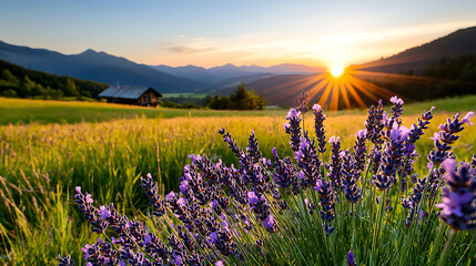 Obraz premium Lavender fields in bloom serene landscape nature photography vibrant meadow golden hour tranquility and beauty
