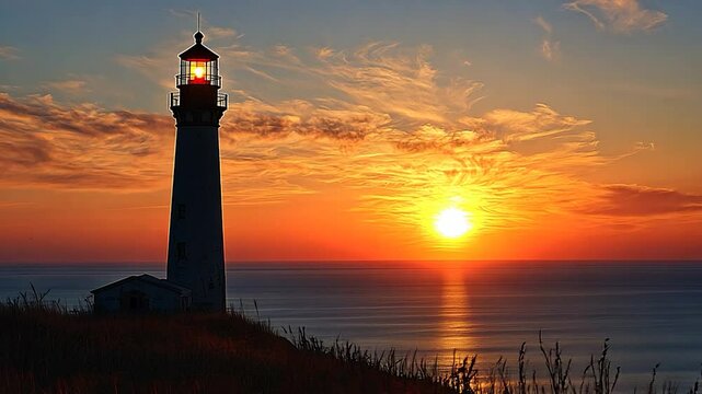 Majestic lighthouse at sunset overlooking the calm ocean waters