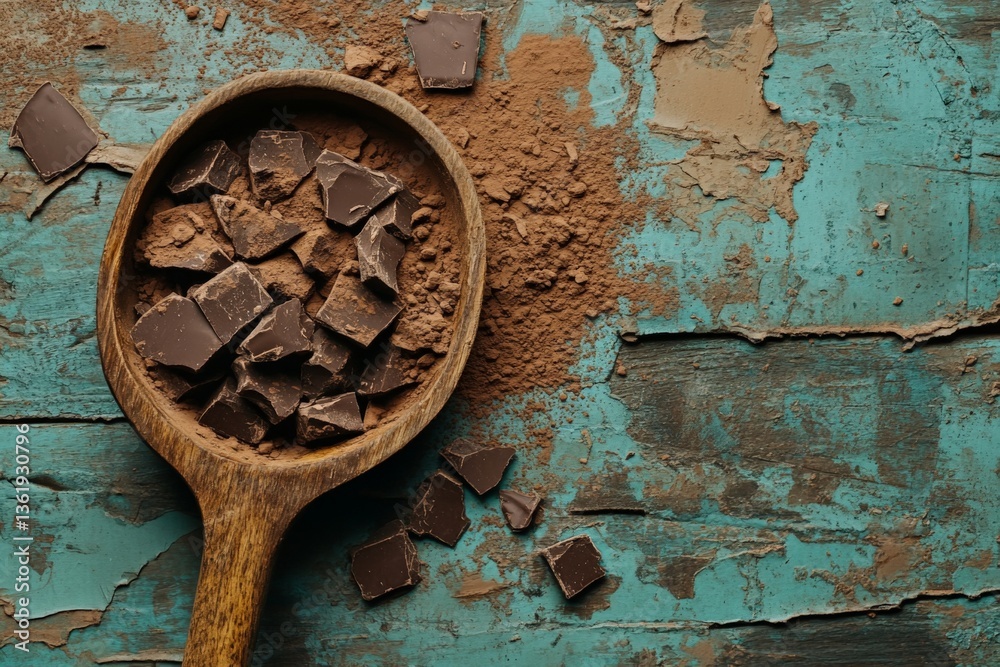 Poster chocolate pieces and cocoa powder on a rustic wooden surface in a cozy kitchen setting