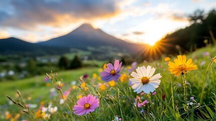 Obraz premium Vibrant wildflowers blooming in a serene meadow at sunset nature photography calm environment landscape view