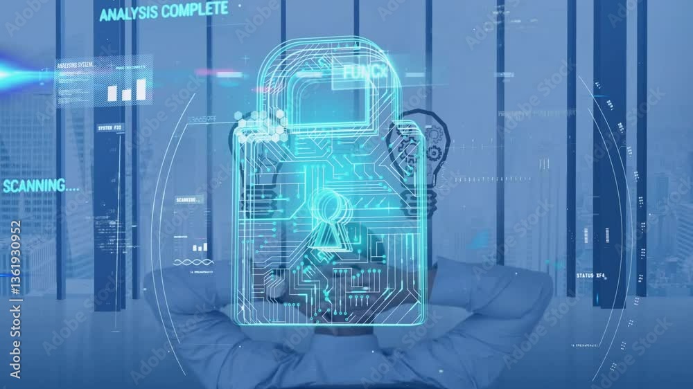 Poster digital lock and data processing animation over person relaxing in office