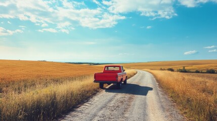 Fototapeta premium Red pickup truck on dirt road in golden wheat field at sunset