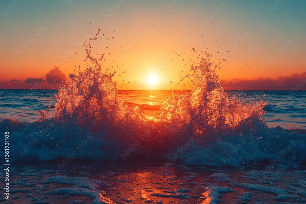 Poster Ocean waves crashing at sunset create a vibrant display of colors along the shoreline in a tranquil beach setting
