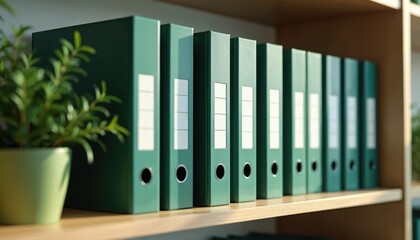 Obraz premium Organized green binders on wooden shelf with indoor plant, modern office decor. Neat arrangement, natural light, creating workspace, storage, filing, document organisation. Business, education, work,