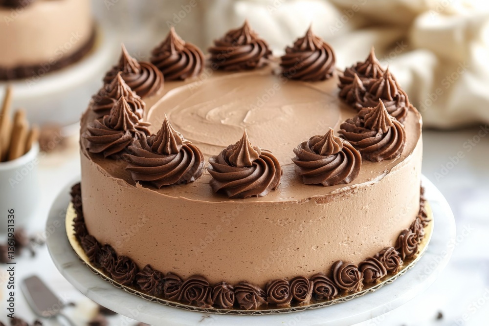 Poster Chocolate cake with decorative frosting on display at a bakery during afternoon hours