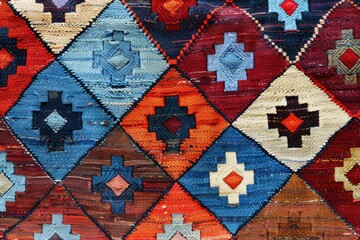 A vibrant textile featuring a geometric pattern of diamonds in various colors, showcasing craftsmanship and cultural artistry.